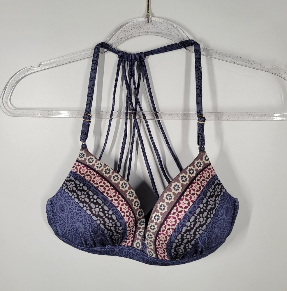 Athleta Aqualuxe Blue Purple Print Molded Cup Cross Back Bikini Bra Top Sz Small